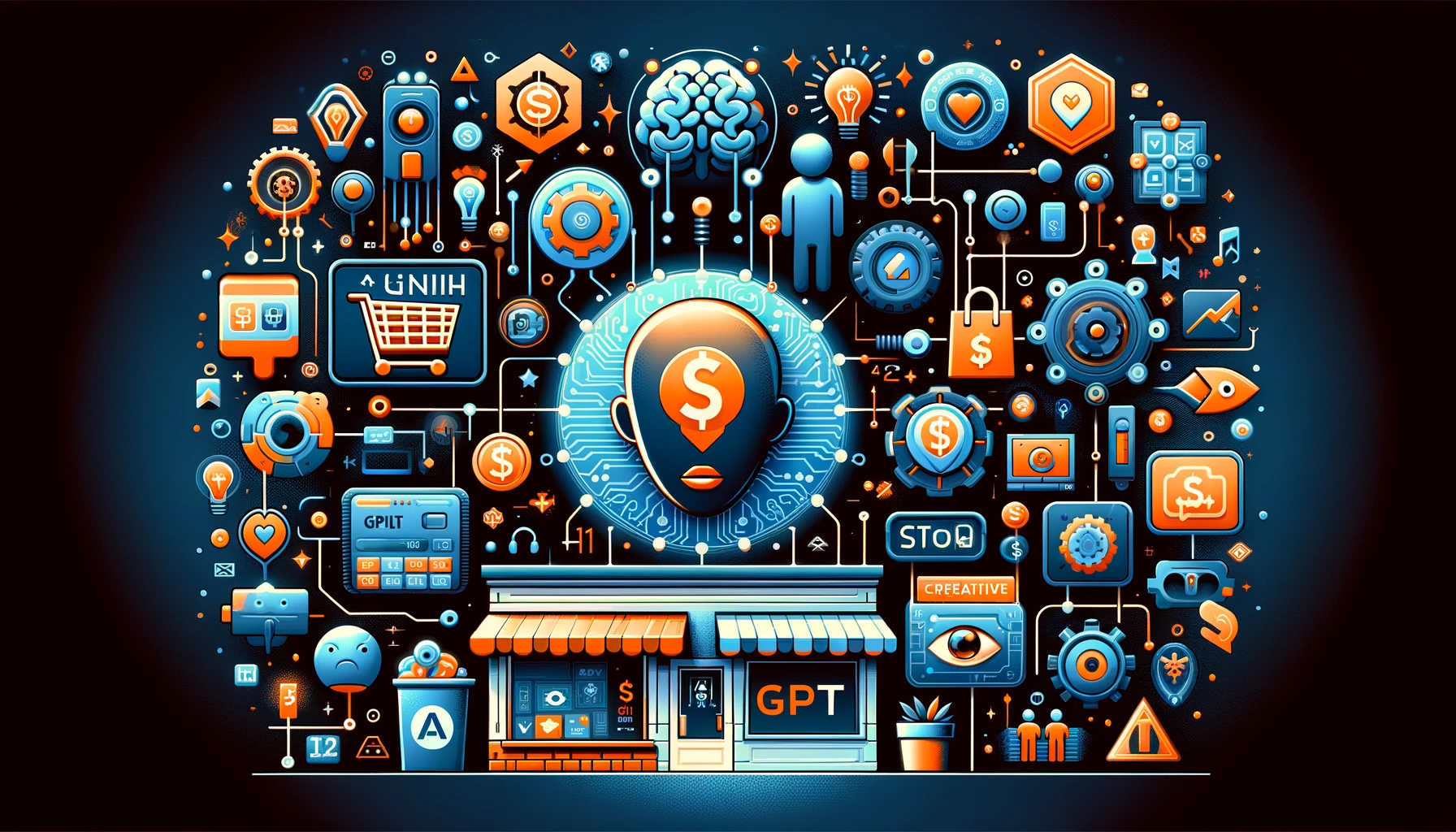 Futuristic illustration of AI and economic elements with a central figure symbolizing monetization opportunities in AI technology, surrounded by gears, circuits, and financial icons.