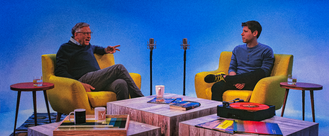 Bill Gates and Sam Altman in a candid discussion seated in vibrant yellow chairs, surrounded by technological literature and devices, epitomizing the fusion of ideas in the digital age.