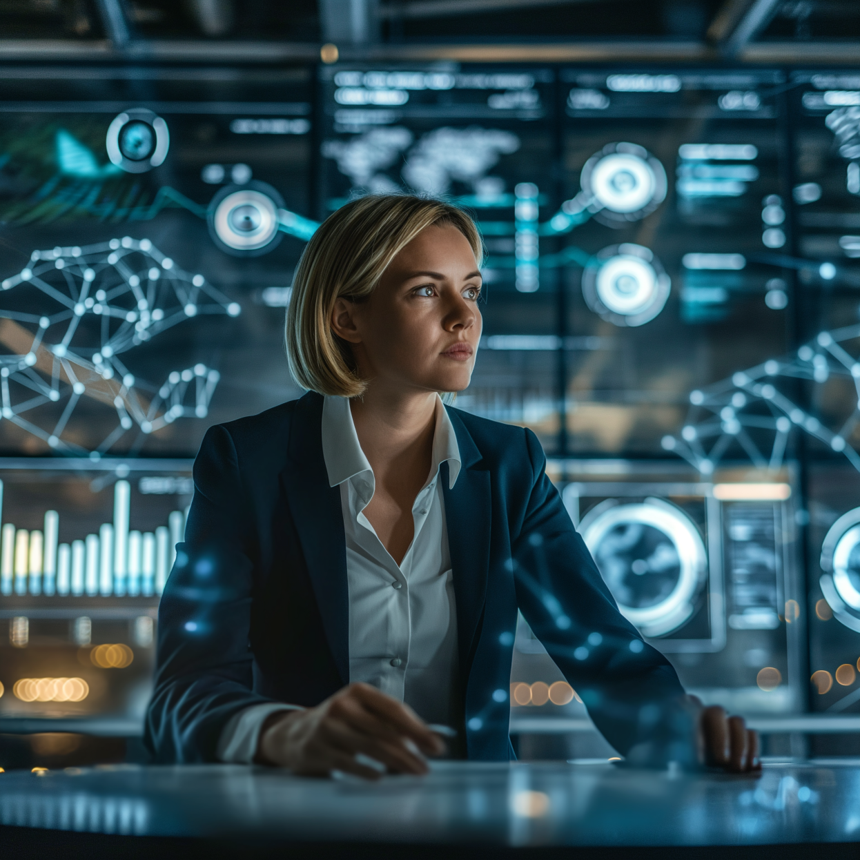 Focused professional woman analyzing data on futuristic holographic displays in a high-tech control room.