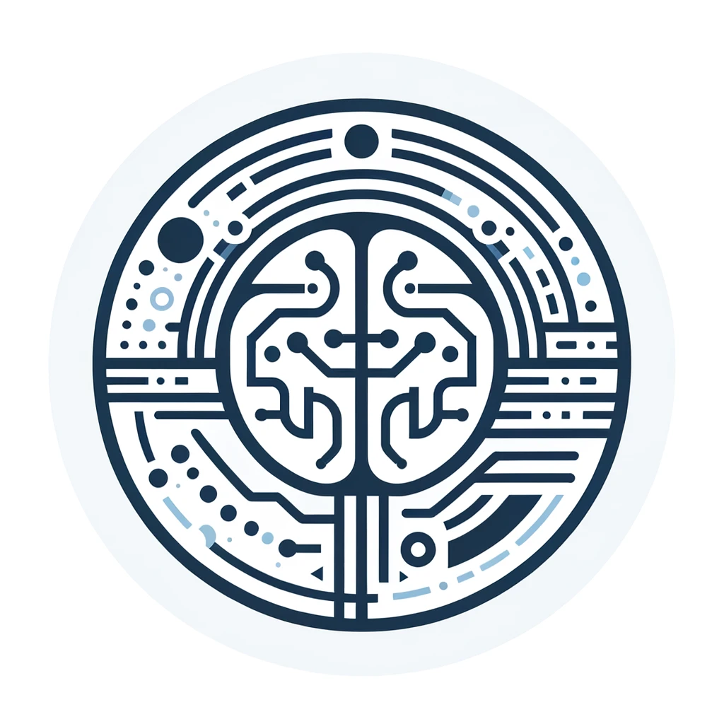 Minimalist blue and white circular emblem representing AI and connectivity in business.